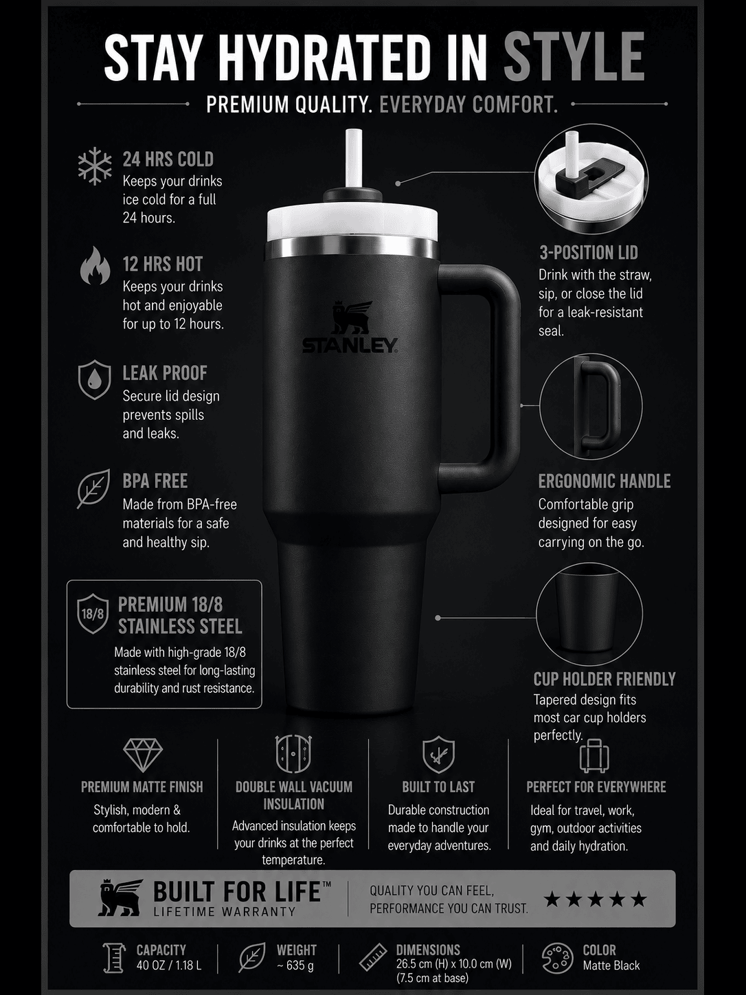 Matte Black 40oz Premium Insulated Travel Tumbler