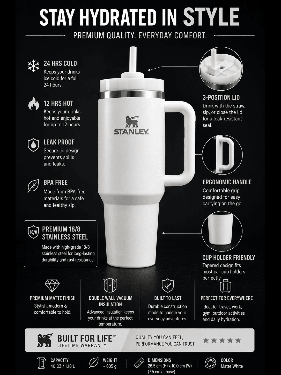 Matte White 40oz Premium Insulated Travel Tumbler