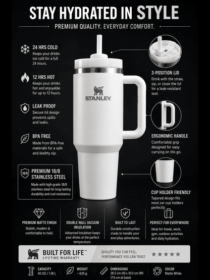 Matte White 40oz Premium Insulated Travel Tumbler
