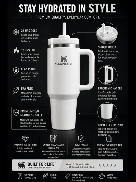 Matte White 40oz Premium Insulated Travel Tumbler