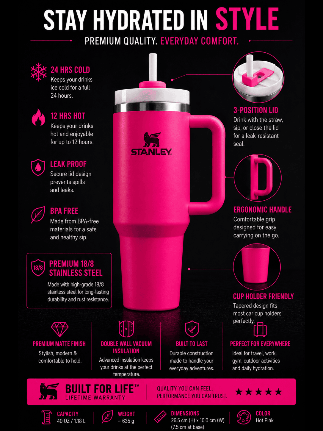 Hot Pink 40oz Premium Insulated Travel Stanley Tumbler