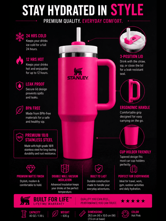 Hot Pink 40oz Premium Insulated Travel Stanley Tumbler