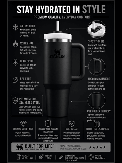 Matte Black 40oz Premium Insulated Travel Tumbler