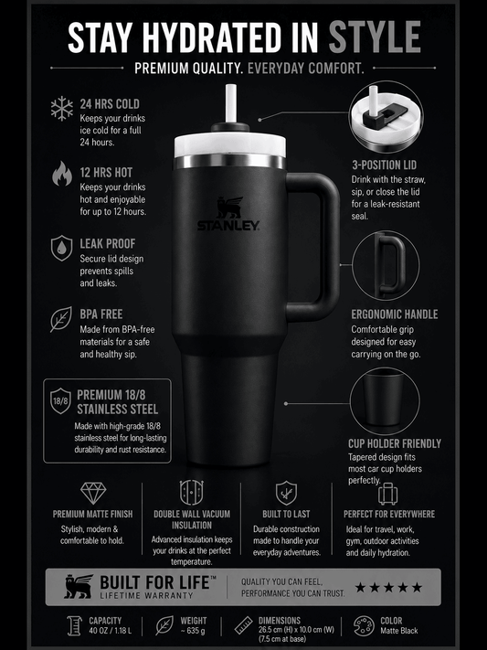 Matte Black 40oz Premium Insulated Travel Tumbler