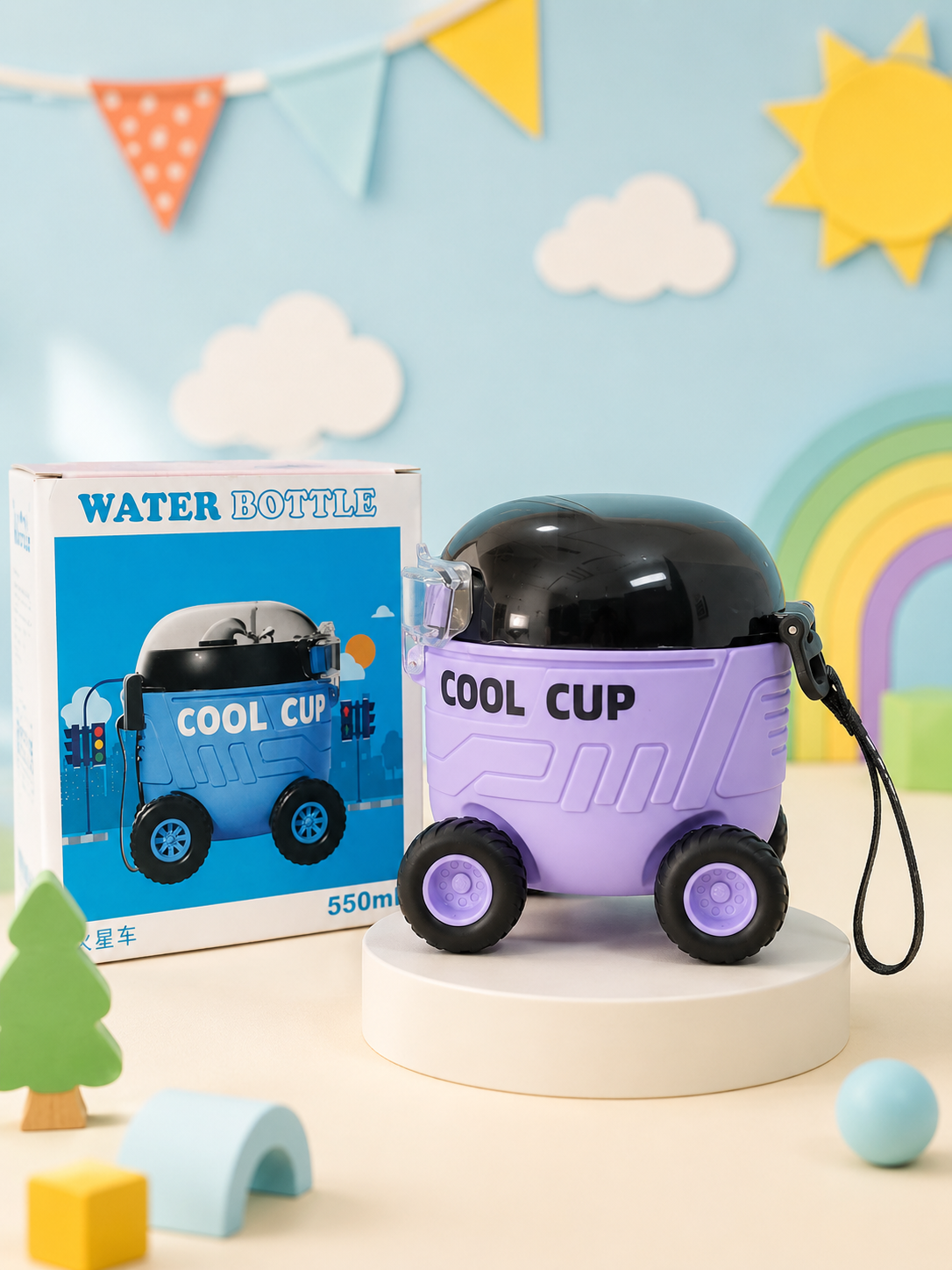 Kids Bus-Shaped Water Bottle with Wheels & Straw